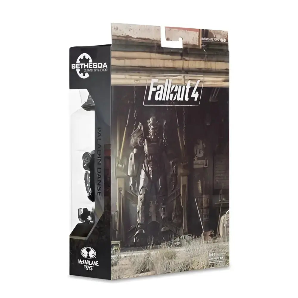 Fallout 4 t-60 paladin danse 7-inch scale posed figure in black and gray packaging with bethesda game studios logo