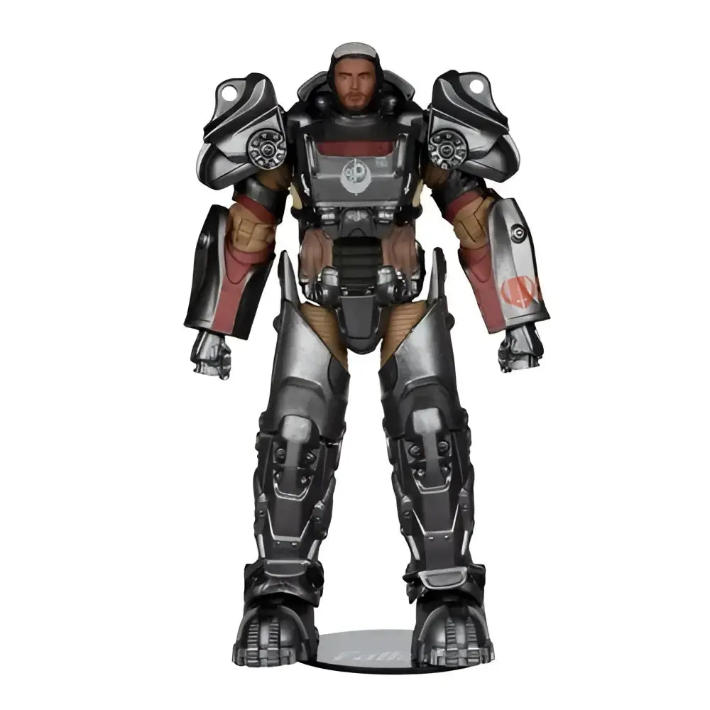 Fallout 4 t-60 paladin danse 7-inch scale posed figure in black and red armor with metallic plating and detailed chest emblem