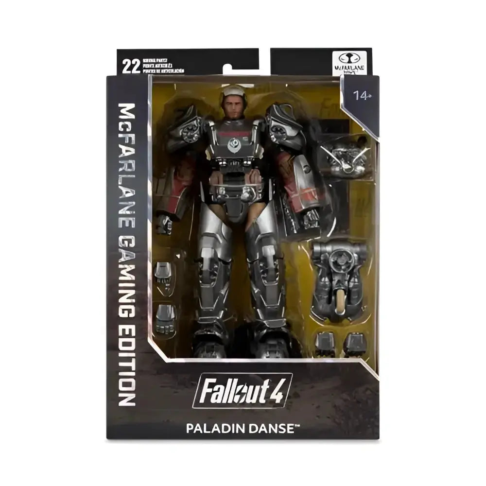 Fallout 4 T-60 Paladin Danse 7-inch scale posed figure in detailed silver black armor with red accents by McFarlane gaming