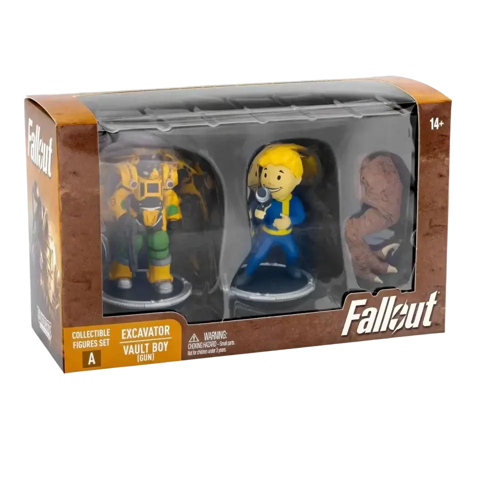 Fallout collectible figures set in a clear-fronted box.