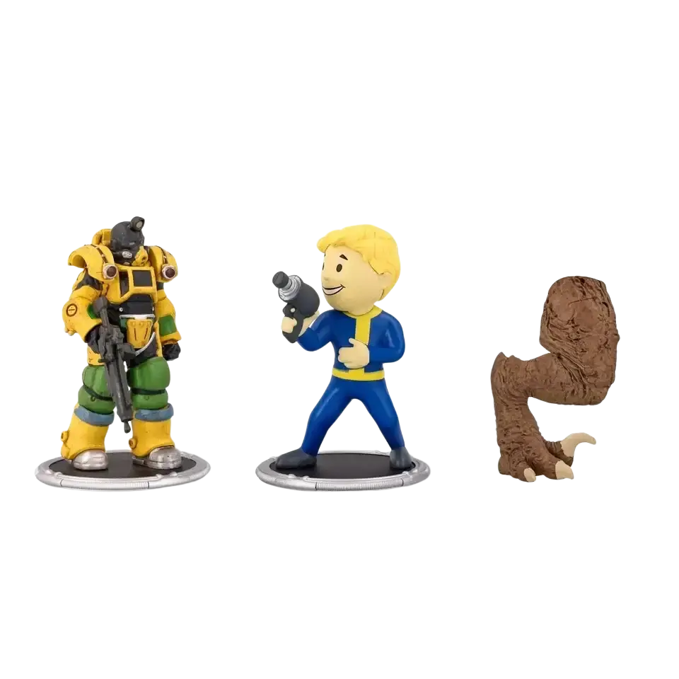 Three Fallout collectible figurines.
