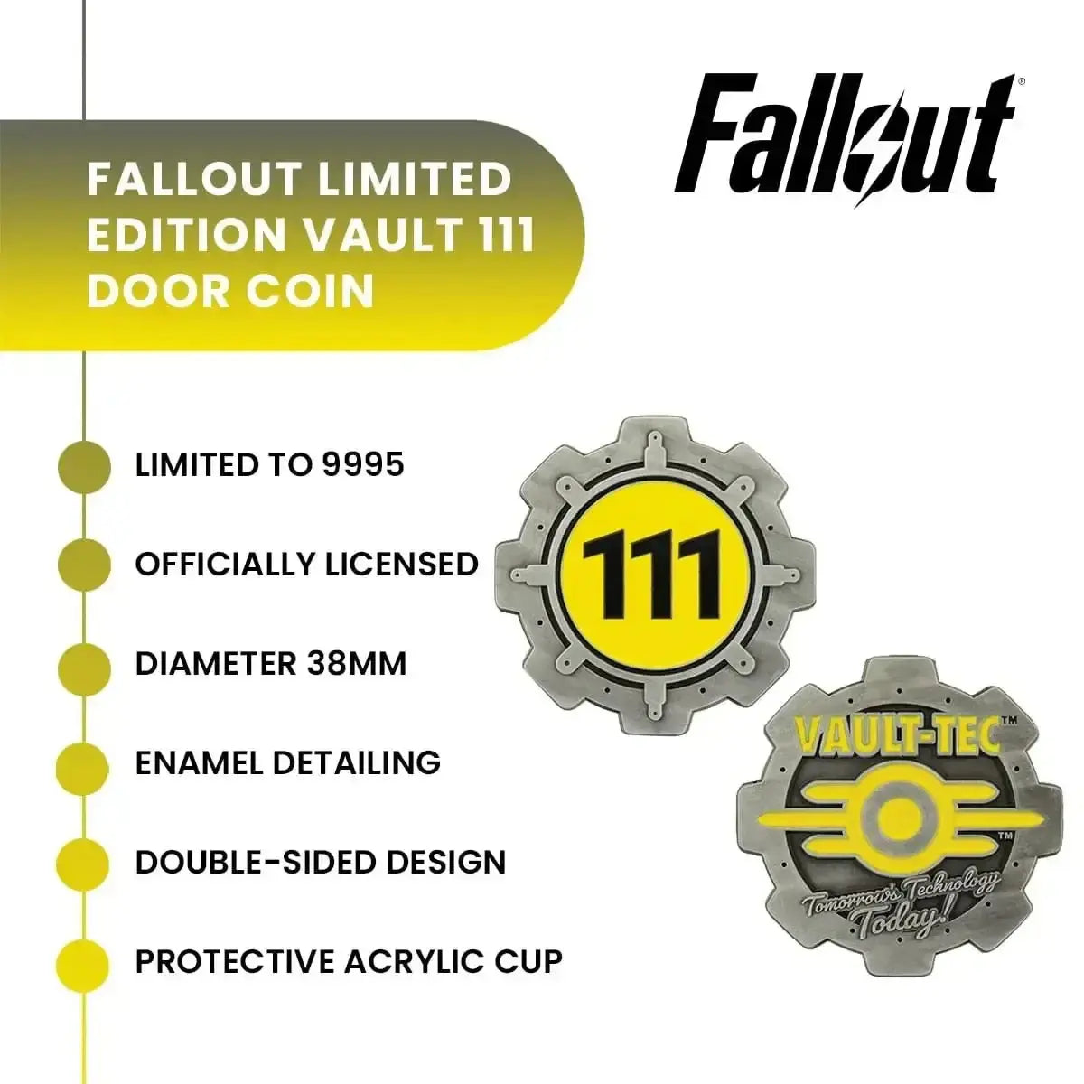 Silver and yellow fallout vault 111 door coin with enamel detailing and double-sided design collectible product