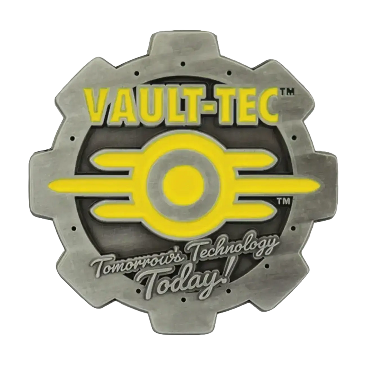 Gray metallic gear-shaped pin with vault-tec logo in yellow enamel detailing featuring fallout vault boy design
