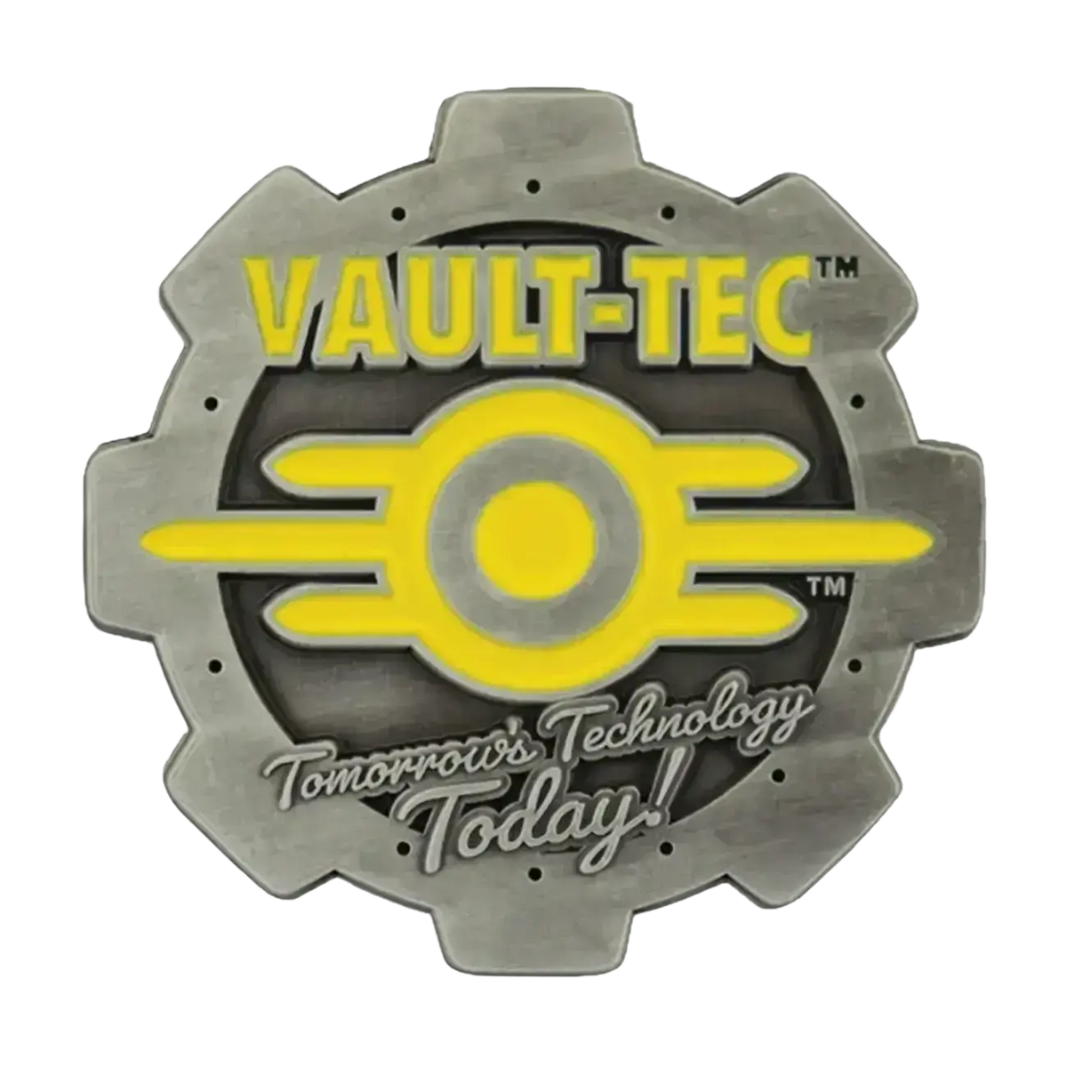 Gray metallic gear-shaped pin with vault-tec logo in yellow enamel detailing featuring fallout vault boy design
