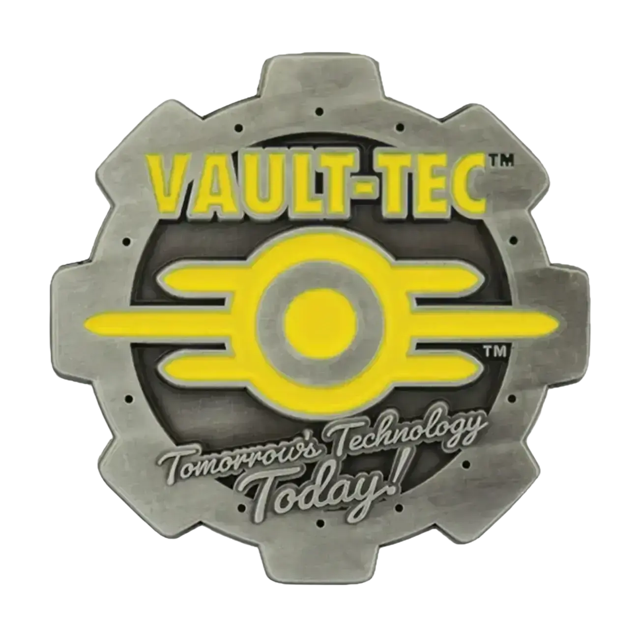 Gray metallic gear-shaped pin with vault-tec logo in yellow enamel detailing featuring fallout vault boy design