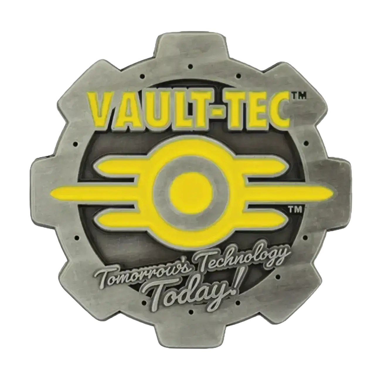 Gray metallic gear-shaped pin with vault-tec logo in yellow enamel detailing featuring fallout vault boy design