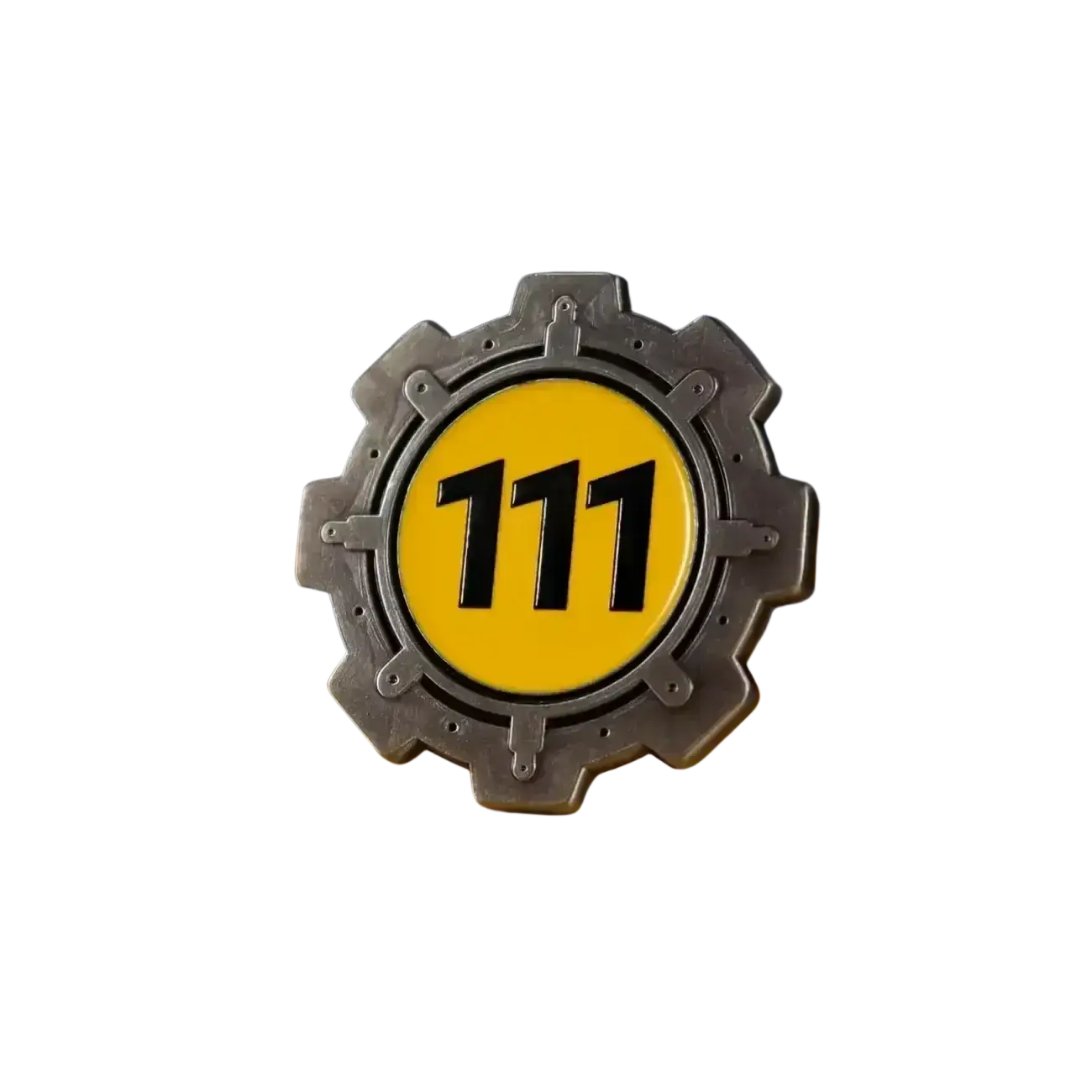Silver gear-shaped enamel pin with bright yellow center and bold 111 number from fallout vault boy limited edition collection