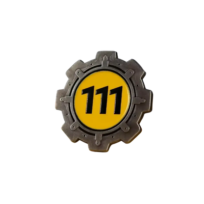 Silver gear-shaped enamel pin with bright yellow center and bold 111 number from fallout vault boy limited edition collection