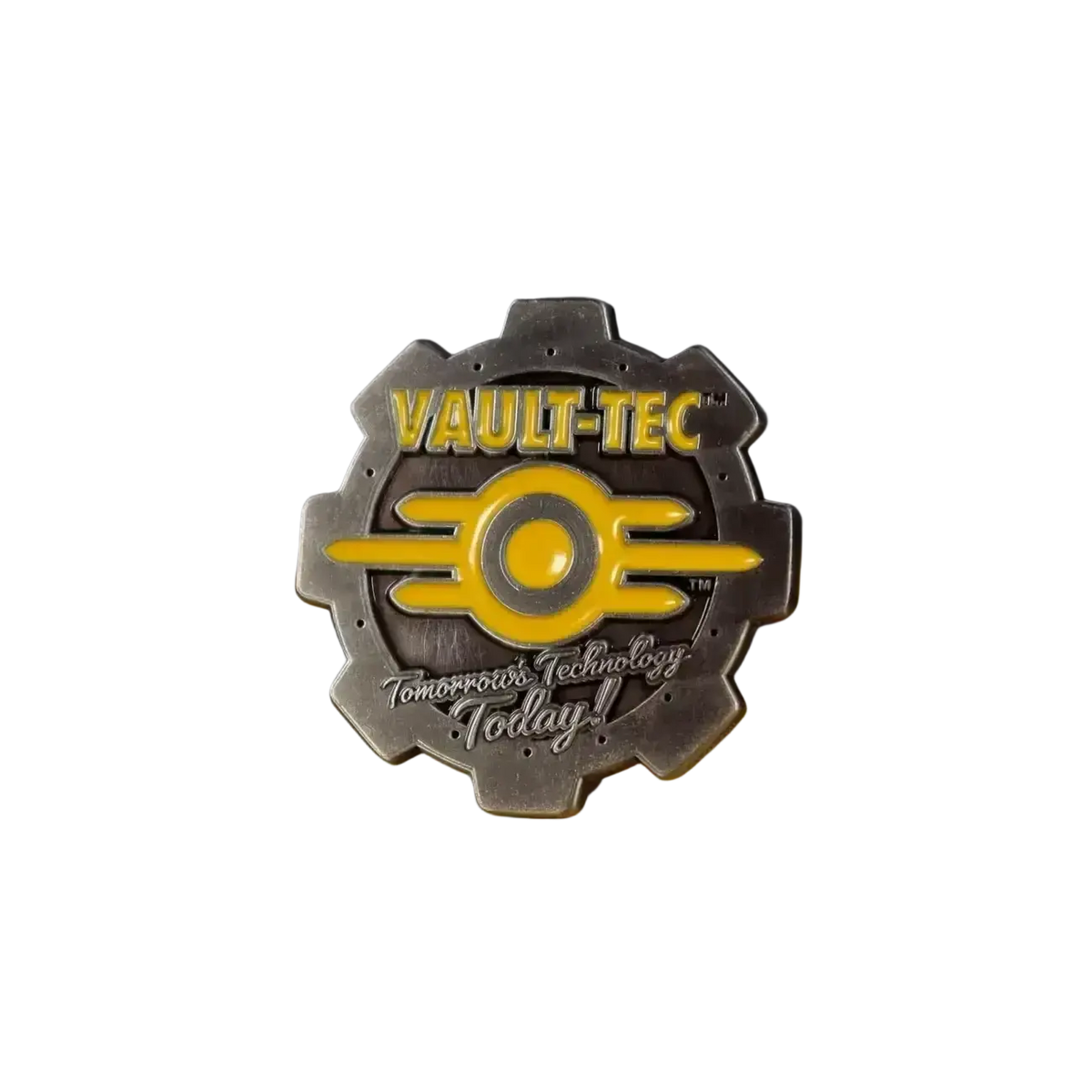 Fallout vault boy silver and yellow enamel vault-tec gear pin with double-sided design and tomorrow’s technology today slogan