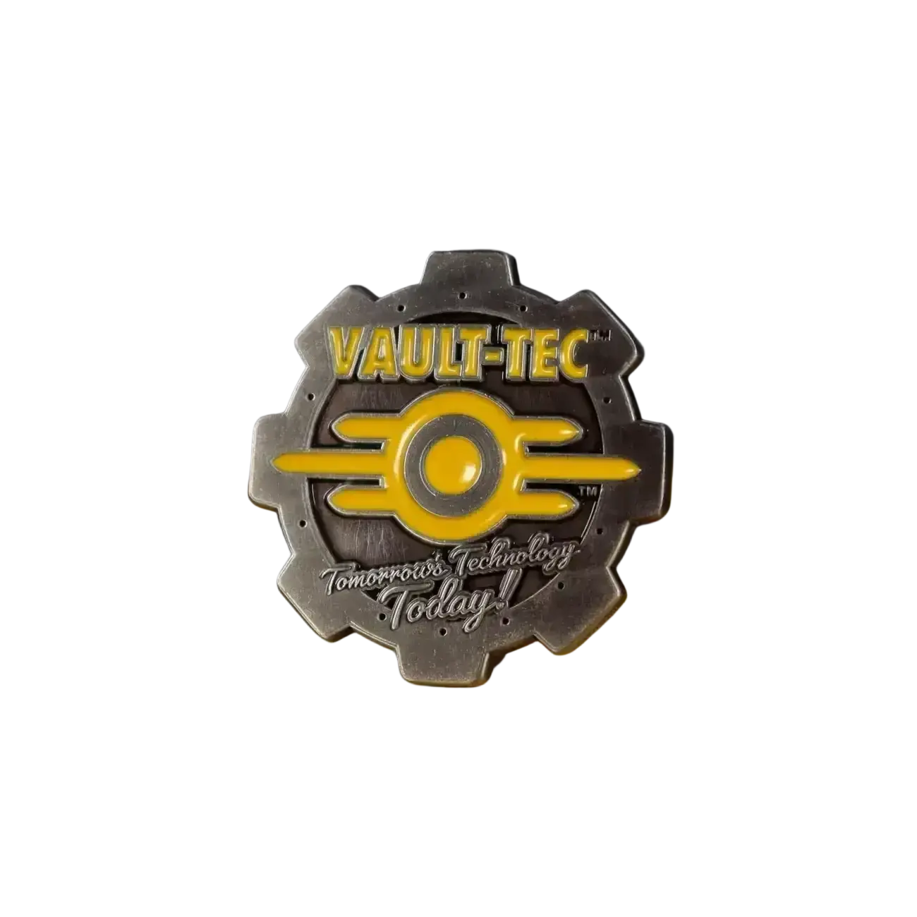 Fallout vault boy silver and yellow enamel vault-tec gear pin with double-sided design and tomorrow’s technology today slogan