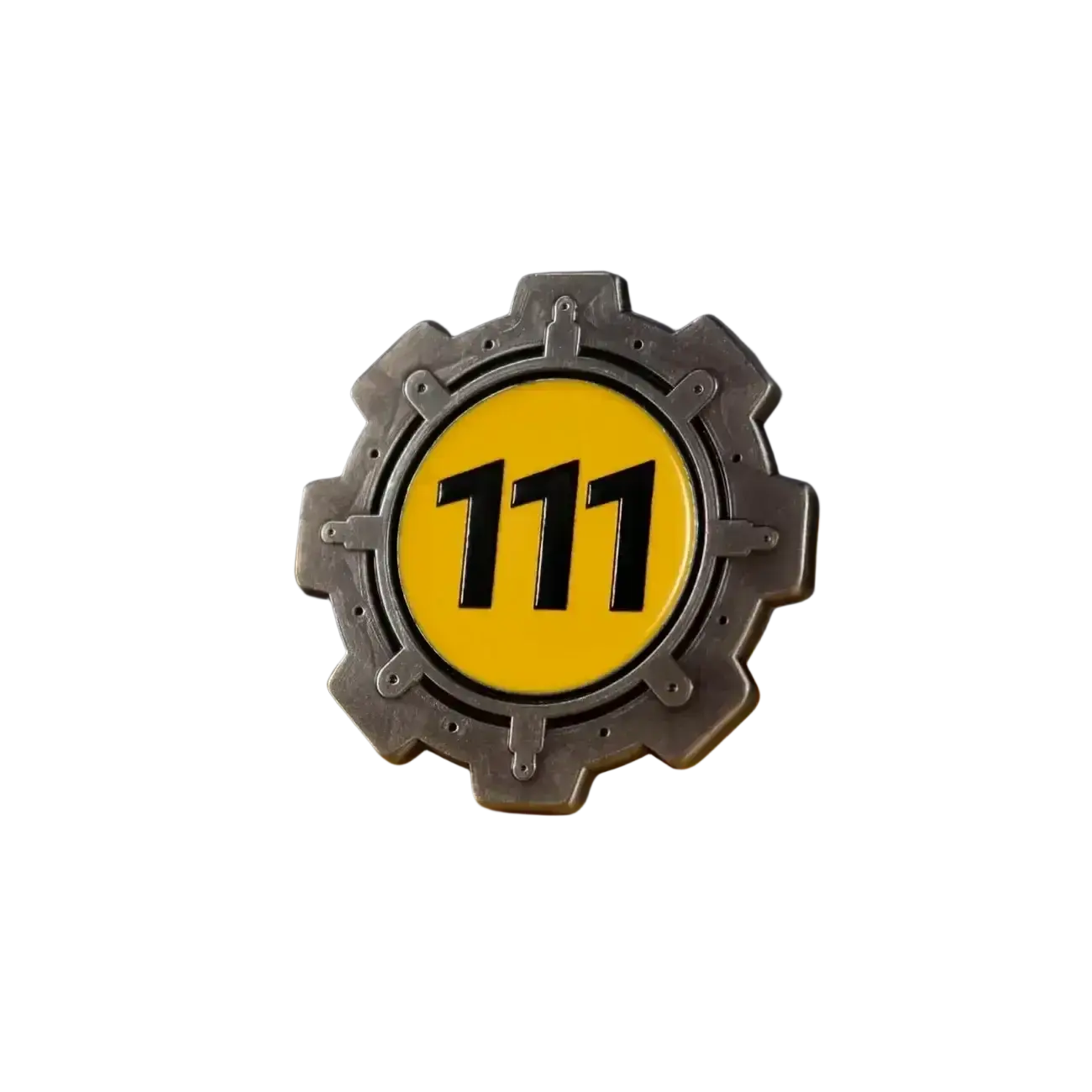 Silver enamel gear-shaped pin with bright yellow center displaying 111 number for fallout vault boy collectible