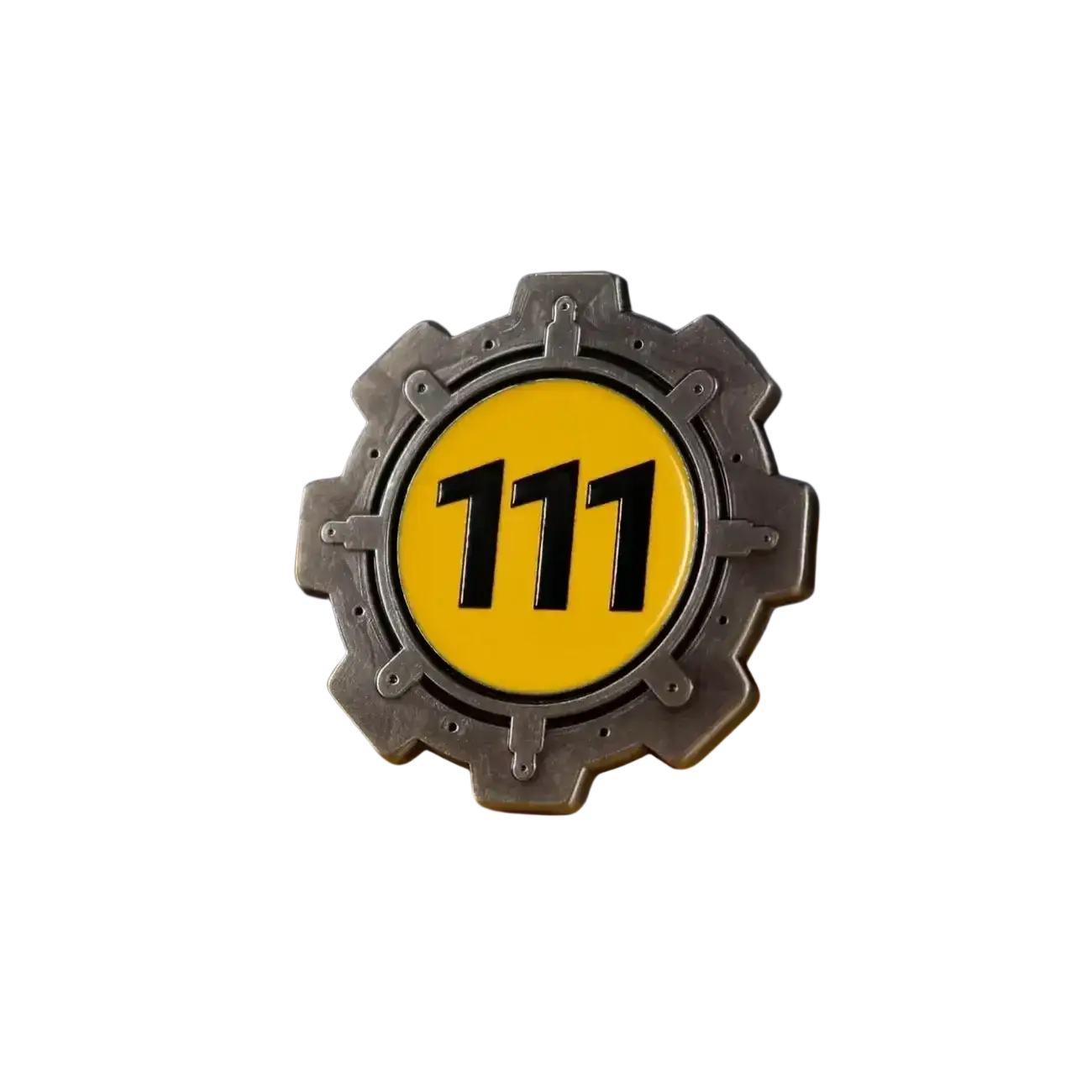 Silver enamel gear-shaped pin with bright yellow center displaying 111 number for fallout vault boy collectible