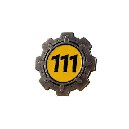 Silver enamel gear-shaped pin with bright yellow center displaying 111 number for fallout vault boy collectible