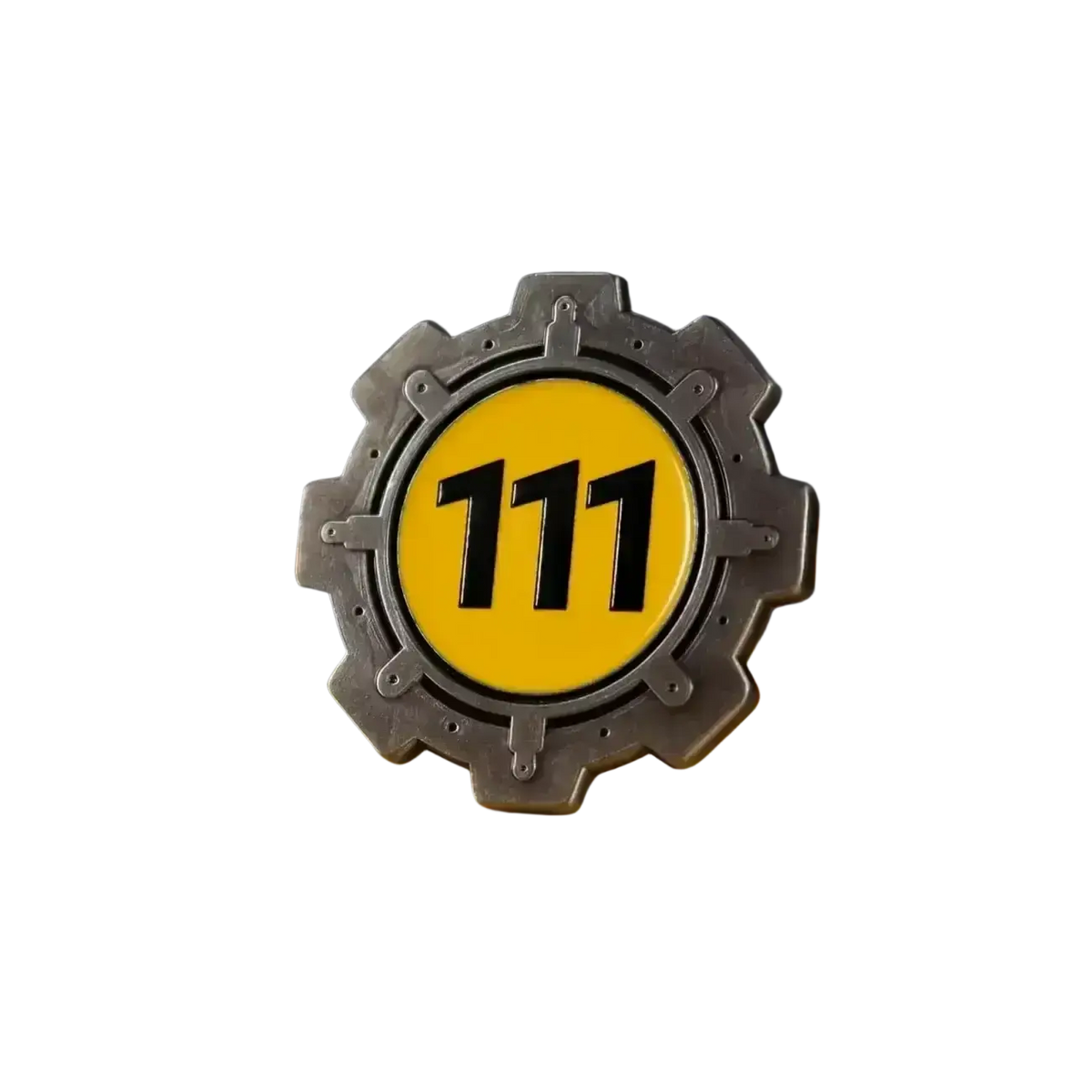 Silver gear-shaped enamel pin with bright yellow center and bold 111 number from fallout vault boy limited edition collection