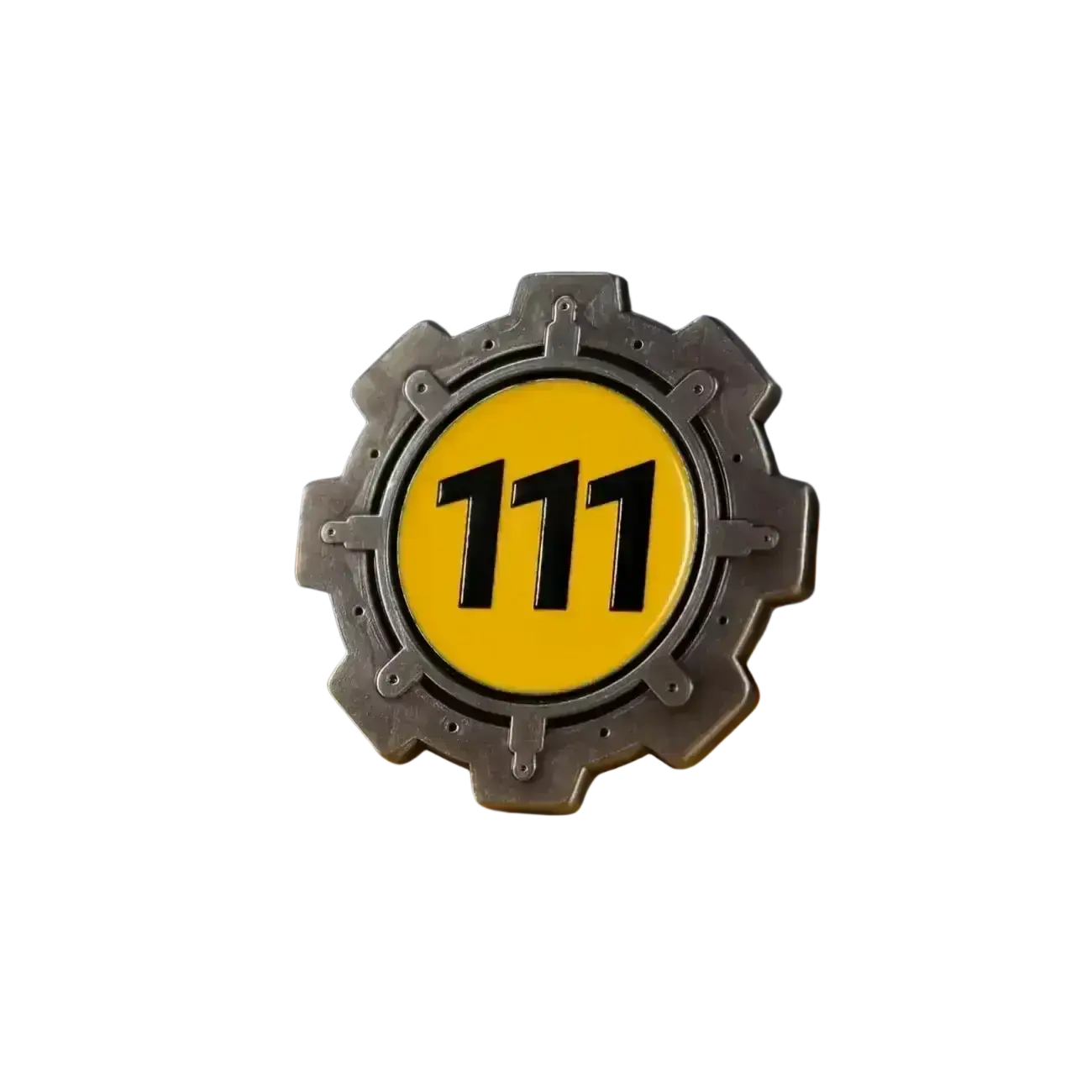 Silver gear-shaped enamel pin with bright yellow center and bold 111 number from fallout vault boy limited edition collection