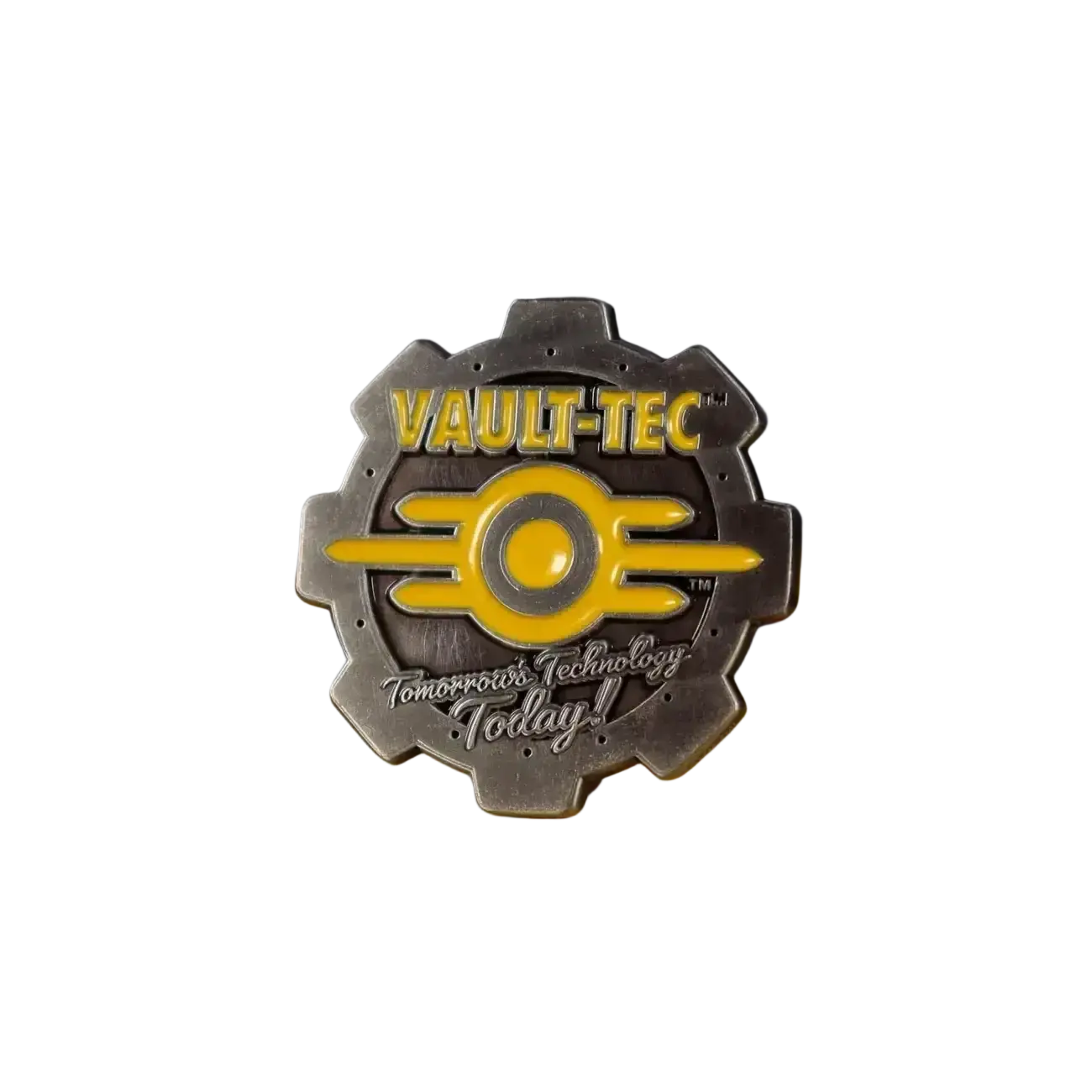 Fallout vault boy silver and yellow enamel vault-tec gear pin with double-sided design and tomorrow’s technology today slogan