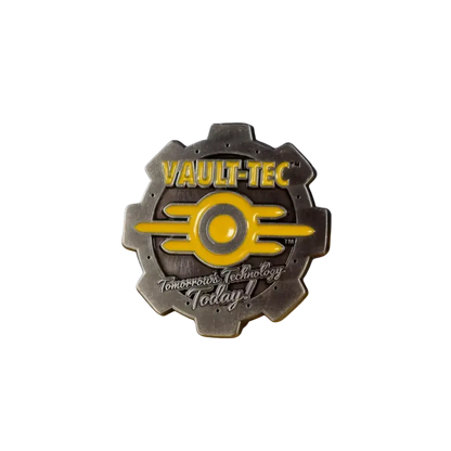 Fallout vault boy silver and yellow enamel vault-tec gear pin with double-sided design and tomorrow’s technology today slogan