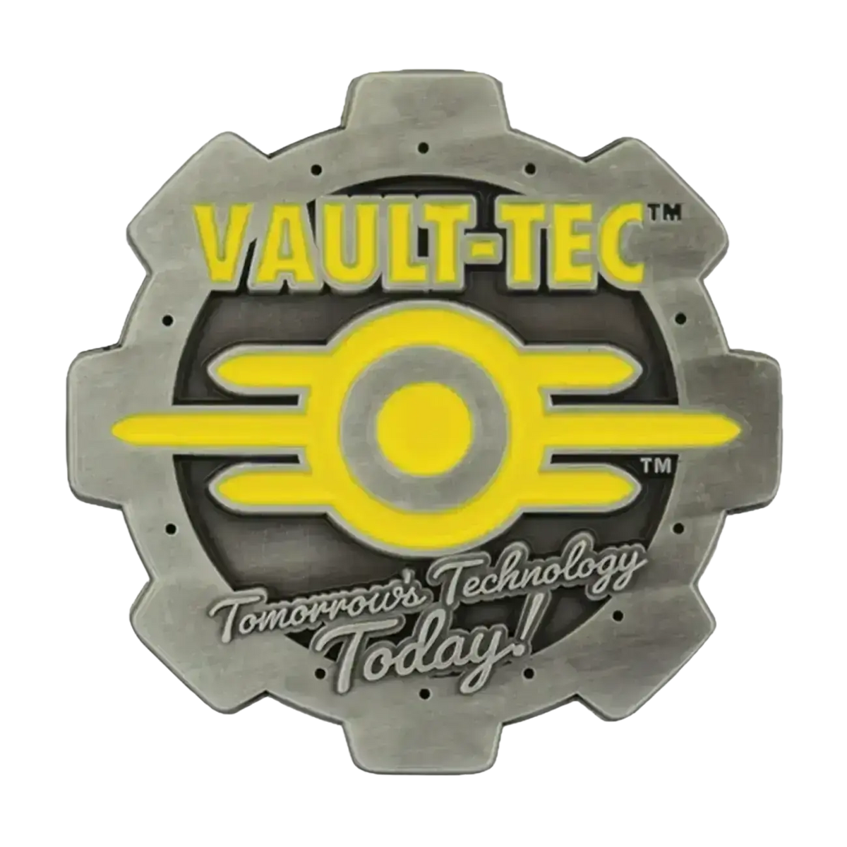 Gray metallic gear-shaped pin with vault-tec logo featuring yellow enamel detailing for fallout vault boy fans