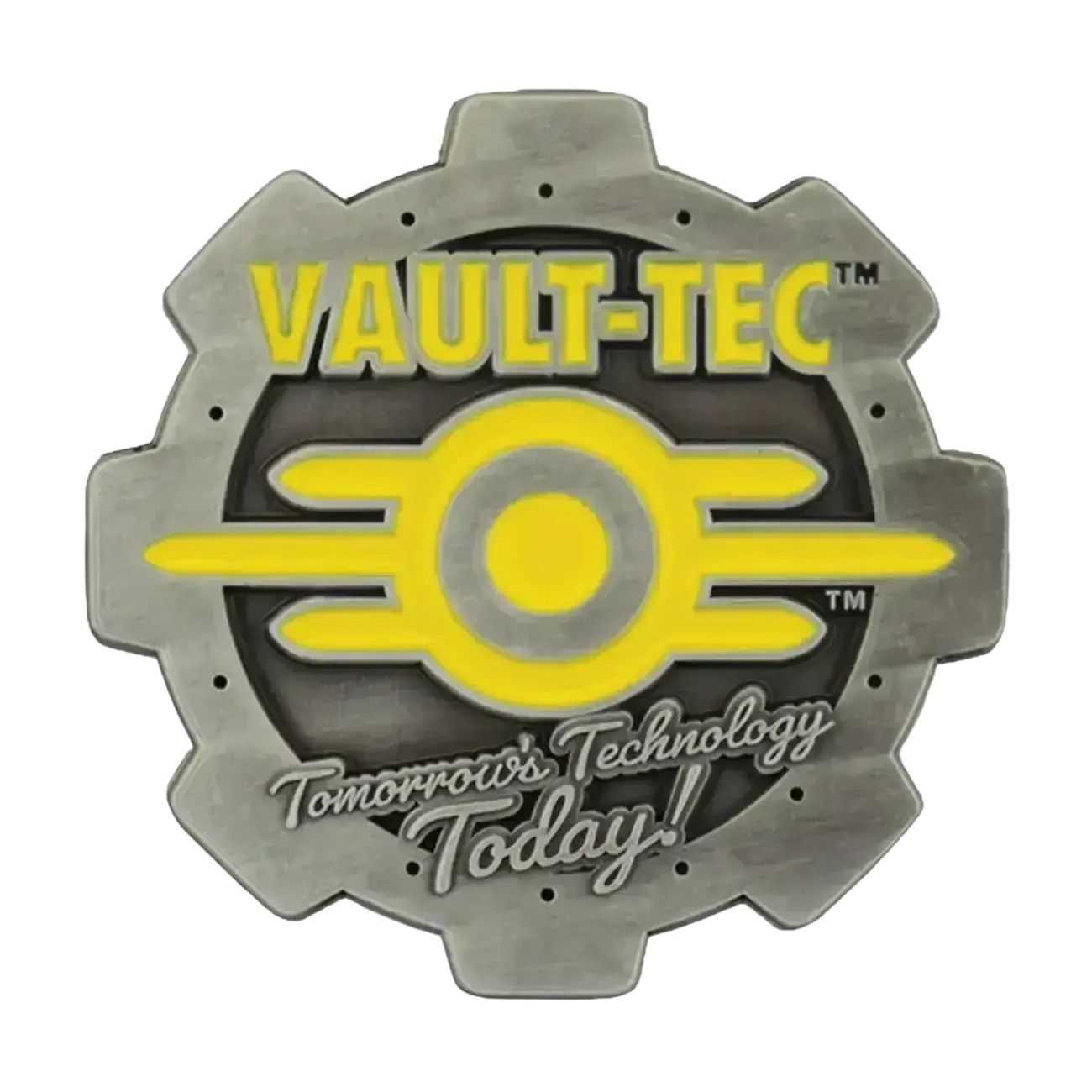 Gray metallic gear-shaped pin with vault-tec logo featuring yellow enamel detailing for fallout vault boy fans