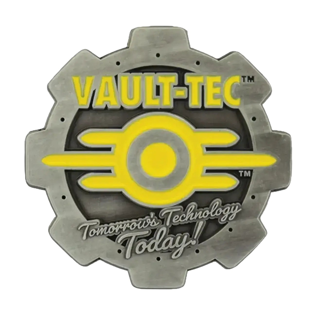 Gray metallic gear-shaped pin with vault-tec logo featuring yellow enamel detailing for fallout vault boy fans
