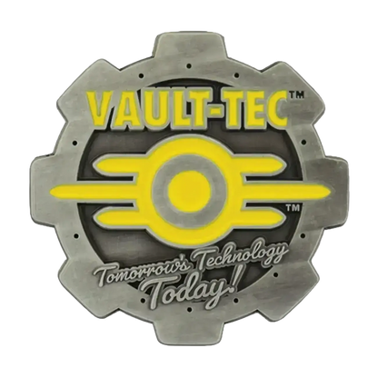 Gray metallic gear-shaped pin with vault-tec logo featuring yellow enamel detailing for fallout vault boy fans