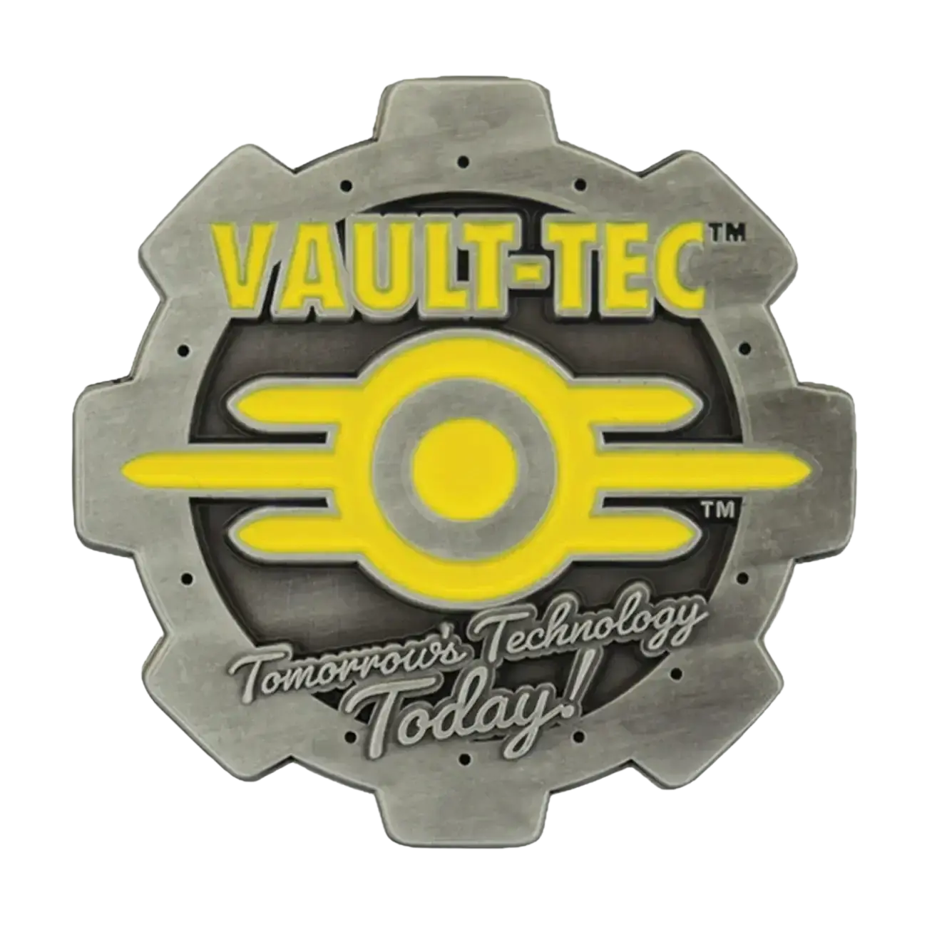 Fallout limited edition coin featuring silver gear-shaped pin with vault-tec logo and bold yellow enamel detailing