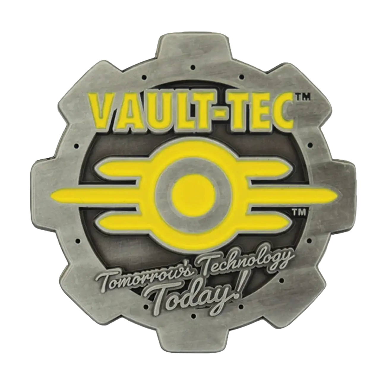 Fallout limited edition coin featuring silver gear-shaped pin with vault-tec logo and bold yellow enamel detailing