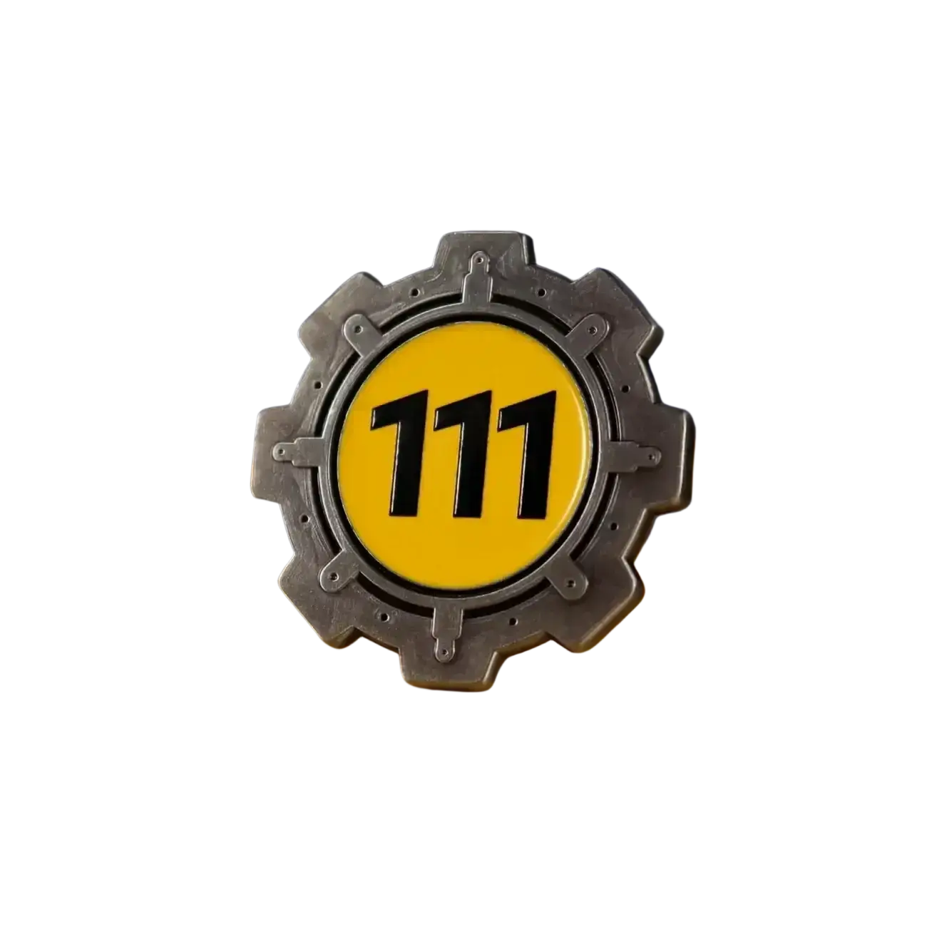 Silver gear-shaped fallout vault boy enamel pin with bright yellow center and bold black 111 number double-sided design