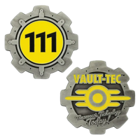 Silver gear-shaped fallout vault boy pins with vault-tec logo 111 enamel detailing and double-sided design