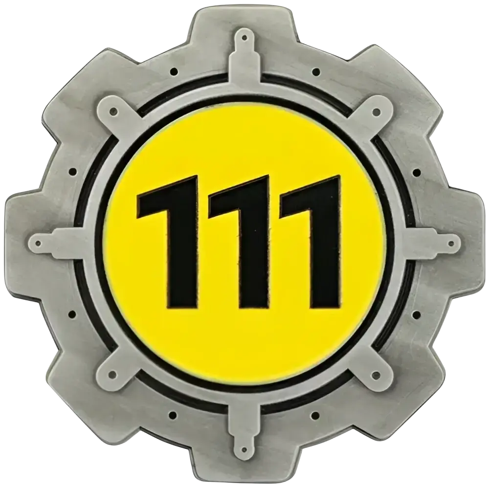 Silver gear-shaped fallout limited edition coin with bright yellow enamel detailing and black numerals 111 center