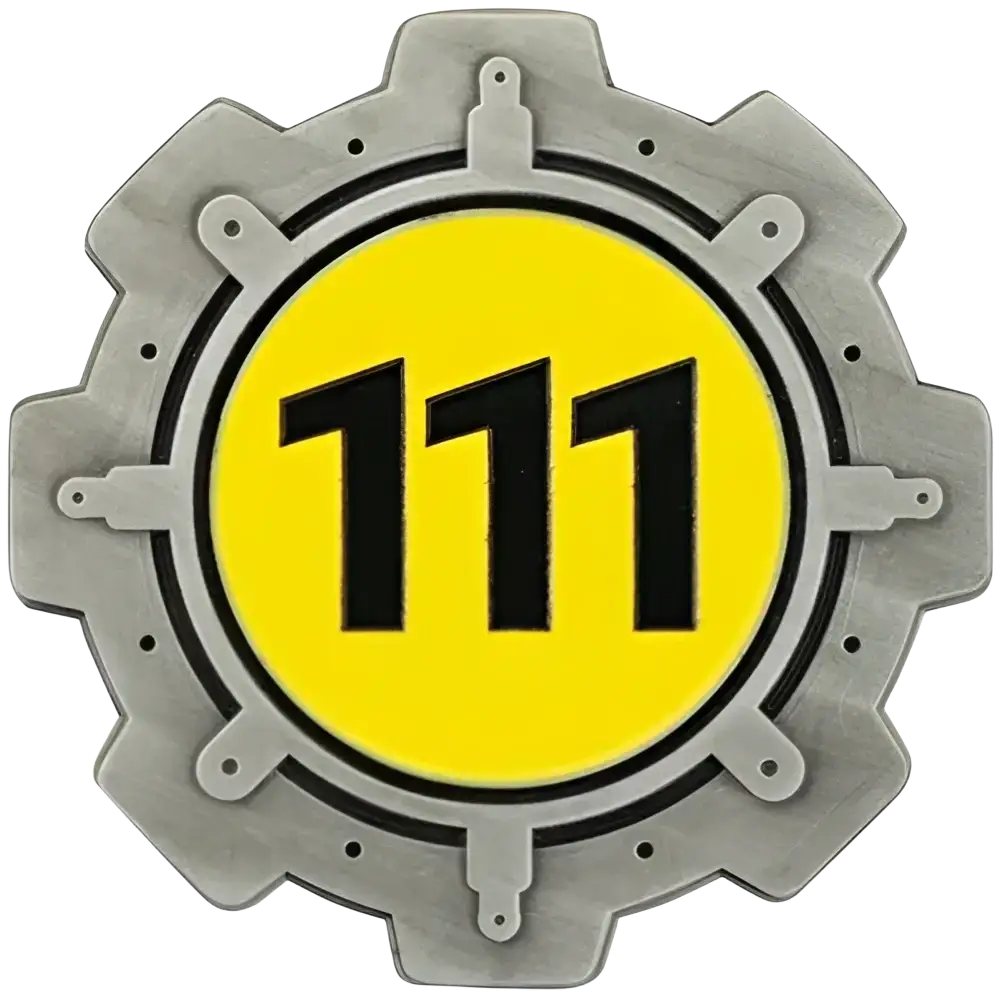 Silver gear-shaped fallout limited edition coin with bright yellow enamel detailing and black numerals 111 center