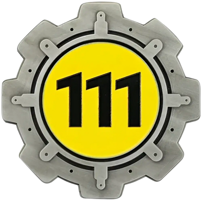 Silver gear-shaped fallout limited edition coin with bright yellow enamel detailing and black numerals 111 center