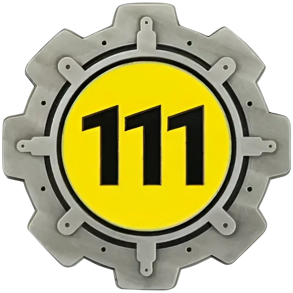 Silver gear-shaped fallout limited edition coin with bright yellow enamel detailing and black 111 numerals vault boy design
