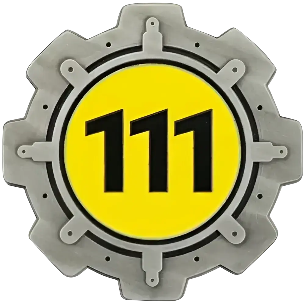 Silver gear-shaped fallout vault boy badge with bright yellow enamel detailing and black numerals 111 limited edition coin