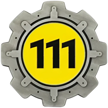 Silver gear-shaped fallout vault boy badge with bright yellow enamel detailing and black numerals 111 limited edition coin