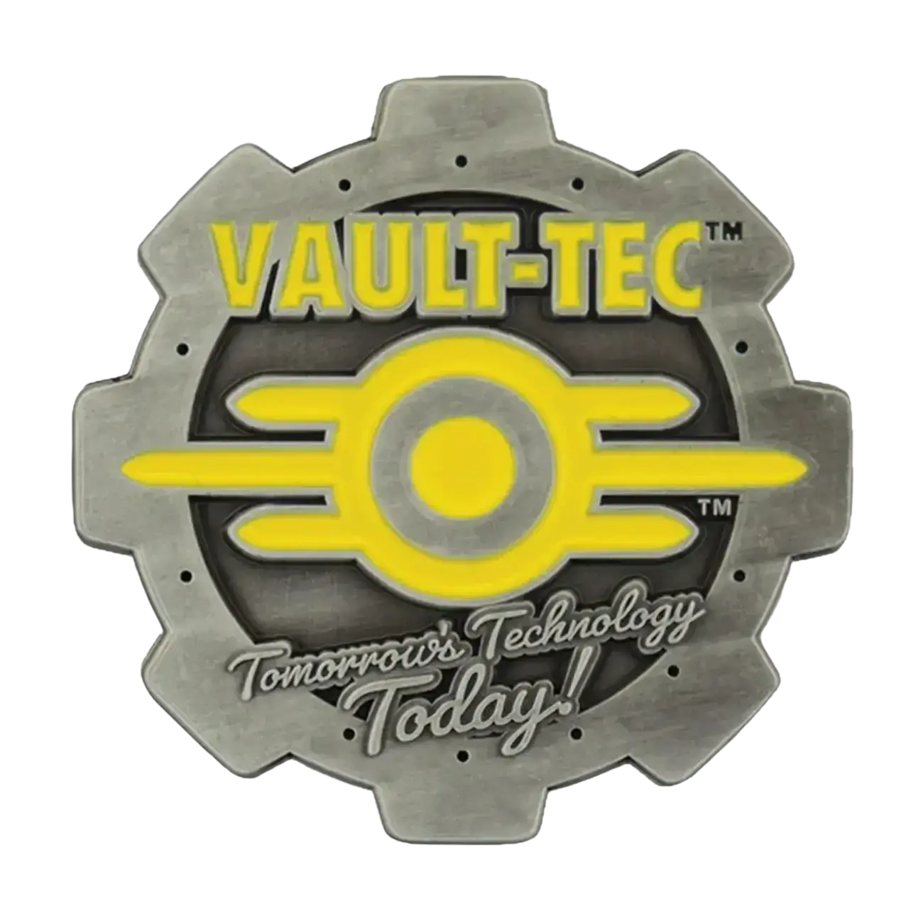 Gray metallic gear-shaped pin with vault-tec logo featuring yellow enamel detailing for fallout vault boy fans