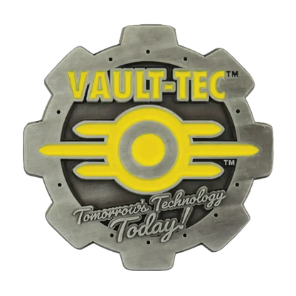 Gray metallic gear-shaped pin with vault-tec logo featuring yellow enamel detailing for fallout vault boy fans