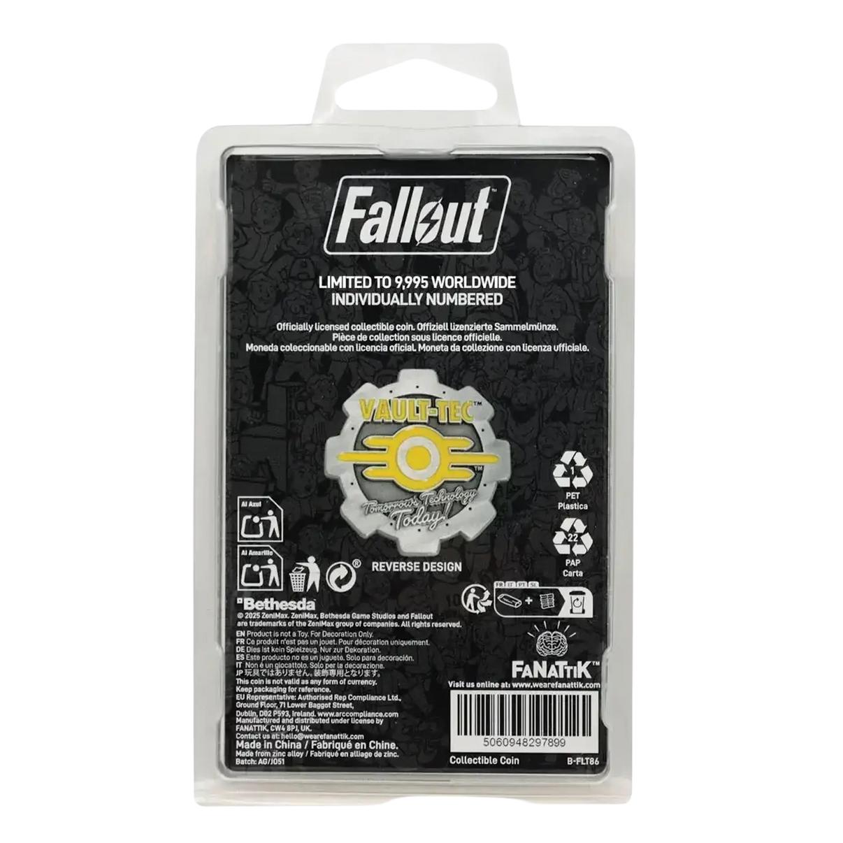 Fallout limited edition coin featuring silver and yellow vault-tec logo with enamel detailing in clear packaging