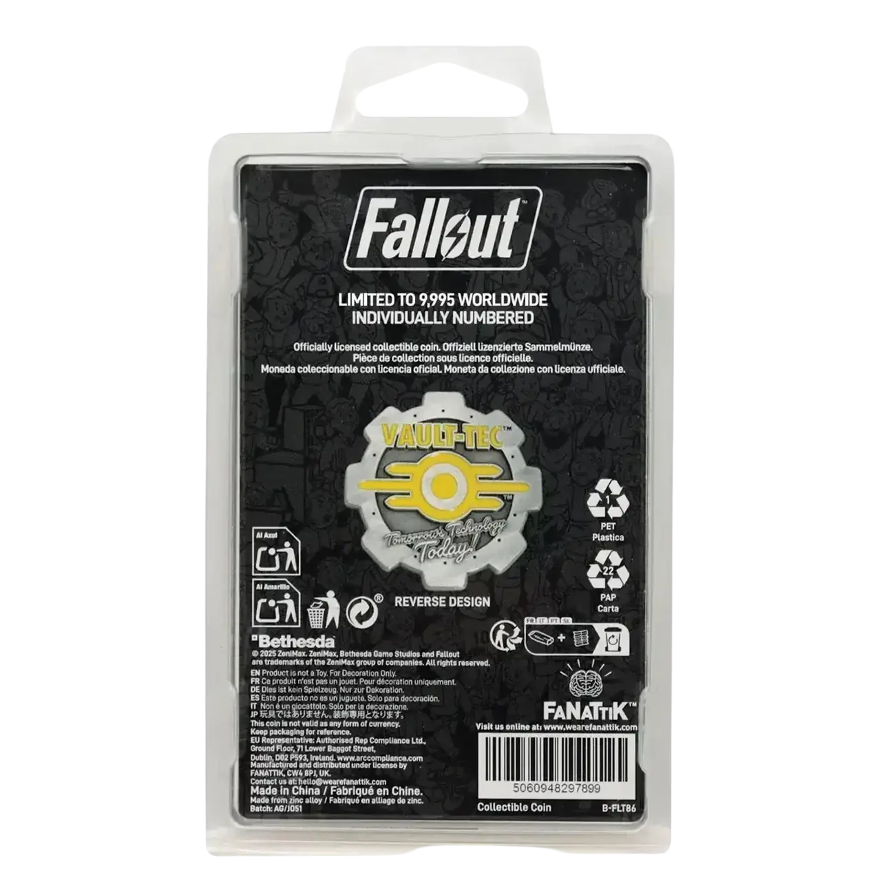 Fallout limited edition coin featuring silver and yellow vault-tec logo with enamel detailing in clear packaging