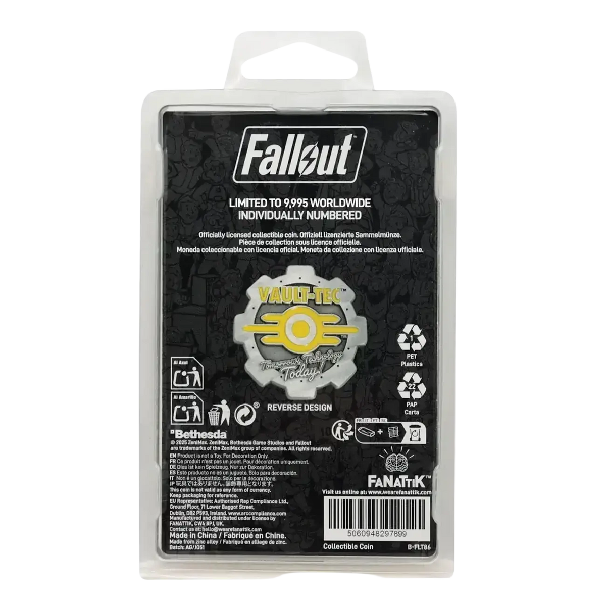 Fallout limited edition coin featuring silver and yellow vault-tec logo with enamel detailing in clear packaging