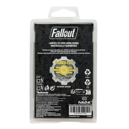 Fallout limited edition coin featuring silver and yellow vault-tec logo with enamel detailing in clear packaging