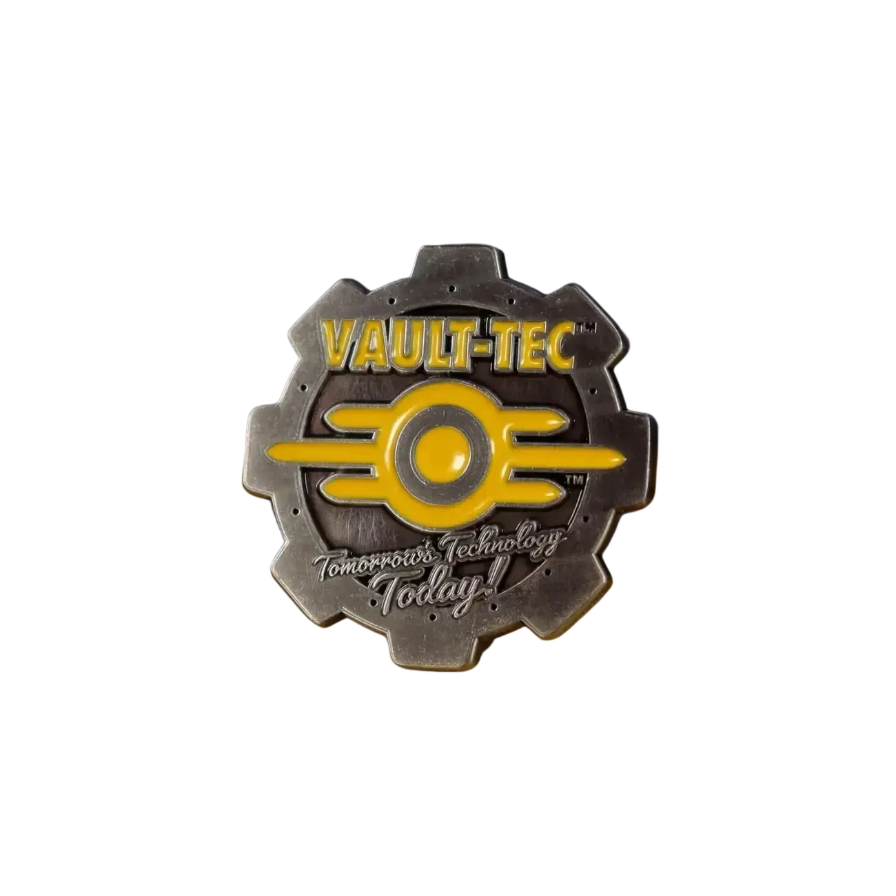 Fallout limited edition coin featuring silver and yellow enamel detailing with vault boy vault-tec gear design and slogan engraving