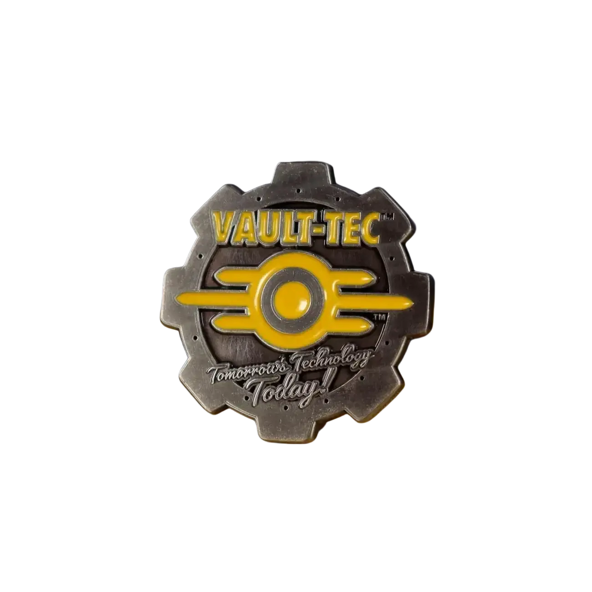 Fallout limited edition coin featuring silver and yellow enamel detailing with vault boy vault-tec gear design and slogan engraving