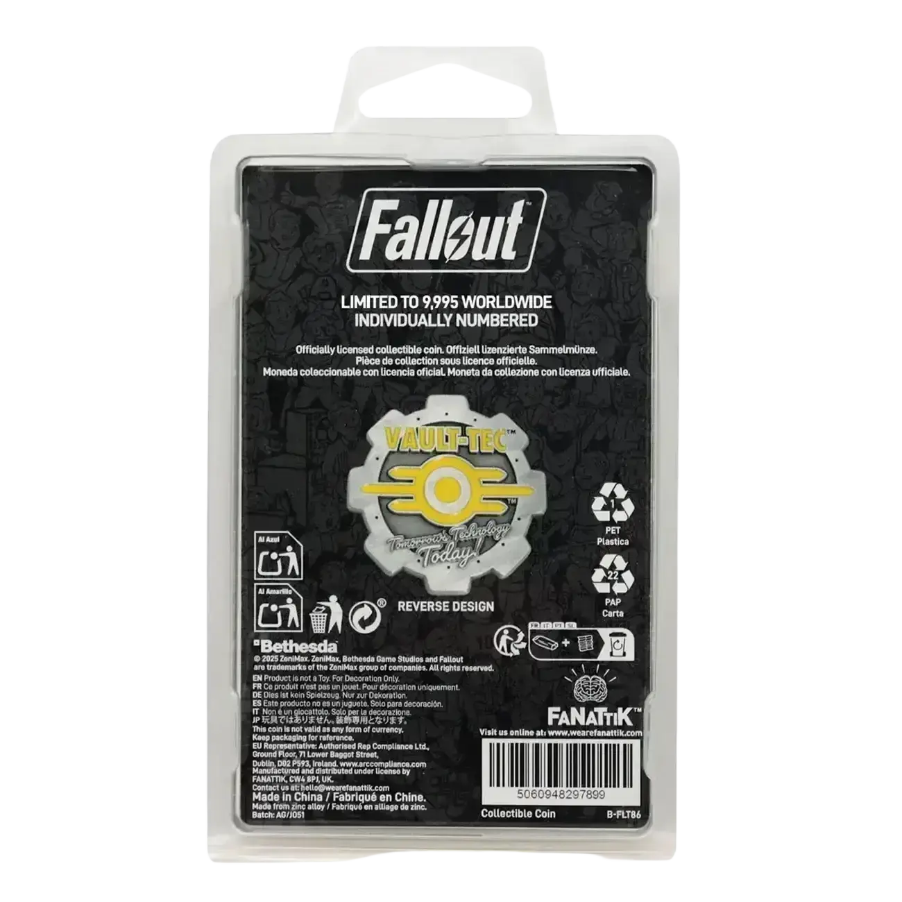 Fallout limited edition silver and yellow vault-tec logo coin with enamel detailing in clear plastic packaging