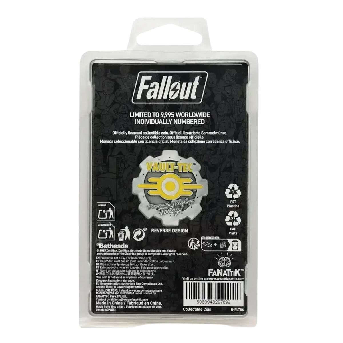 Fallout limited edition silver and yellow vault-tec logo coin with enamel detailing in clear plastic packaging