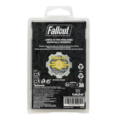 Fallout limited edition silver and yellow vault-tec logo coin with enamel detailing in clear plastic packaging