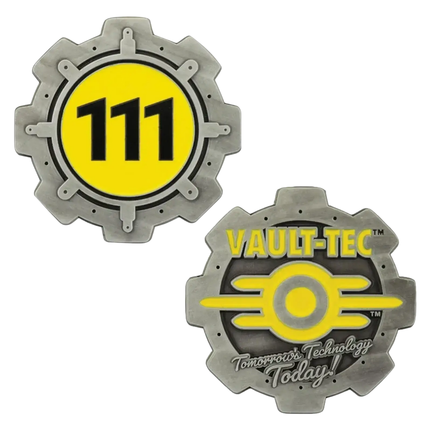 Silver gear-shaped fallout limited edition coin with vault-tec logo 111 enamel detailing and double-sided design