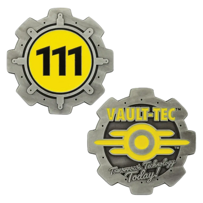 Silver gear-shaped fallout limited edition coin with vault-tec logo 111 enamel detailing and double-sided design