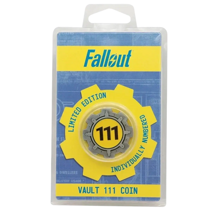 Fallout limited edition coin featuring yellow and gray enamel detailing and gear design from vault 111 door collectible packaged in clear plastic