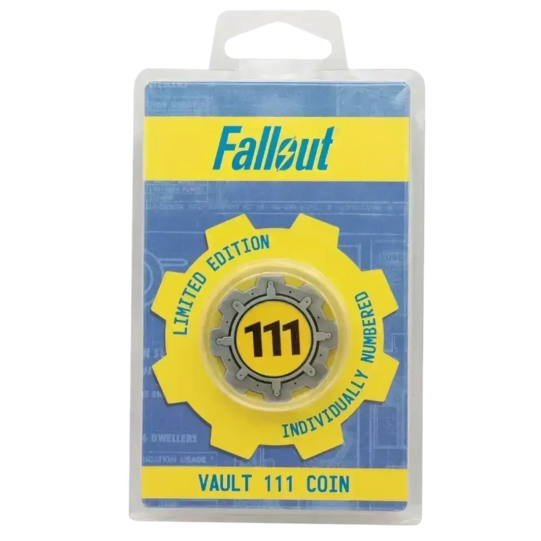 Fallout limited edition vault 111 door coin in yellow and gray with enamel detailing and double-sided design in original packaging
